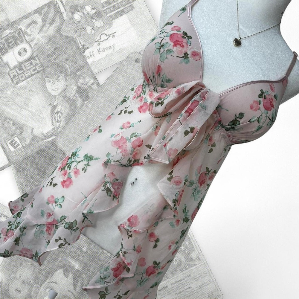 Pink Floral Lingerie Slip Dress Open Back Cami Intimate W/ Ruffles and Bow
